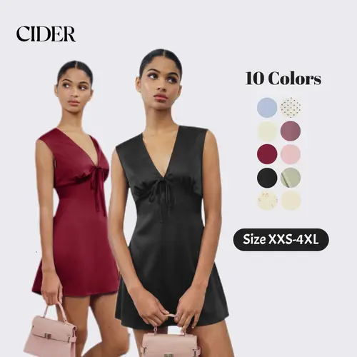 Cider Satin V-neck Ruched Knotted Tie Back Mini Dress Casual Womenswear