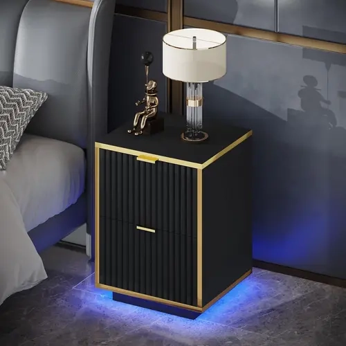HOMBCK Modern LED Narrow Bedside Table - 2-Drawer Set, Phone App Control, 130lb Capacity, Stable and Sturdy Modern Wood Furniture, Wear-Resistant, Assembly Required, Narrow Side Table for Bedroom