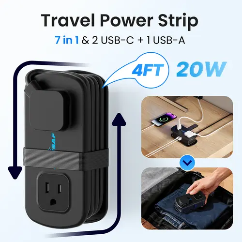 POWSAF 4 Ft Travel Power Strip - 4 Outlets & 3 USB Ports (2 USB C) Non Surge Protector, ETL Listed White Traveler Fast Charger, 3-in-1 Multi-Port Plugs for Cruise Ship, Hotel Room, Home Office,Universal Socket