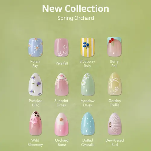 BTArtbox Press On Nail Art Kits - Adults' Spring Orchard Burst Pastel Short Btmma Soft Gel Kit, 16-Size Square/Almond Opaque, Chip-Free Real-Nail Flex, Glue & 32-Stick Set, Selfcare Spring Fashion