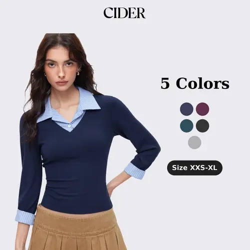 Cider Cotton-blend Collar Striped Button Two Tone Cropped Top