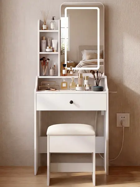 Vanity Desk with Lighted Mirror & Power Outlet, Makeup Vanity with Drawers, Holder for Bedroom Girls