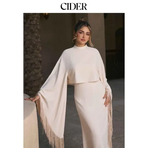 Cider High Neck Bell Sleeve Fringed cape overlay & Midi Dress Set