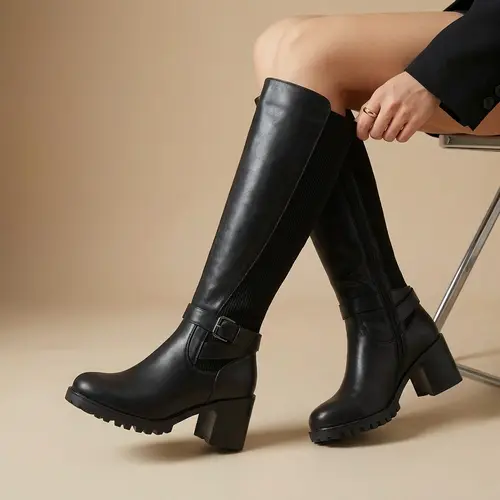 Women's Wide Calf Knee-High Faux Leather Moto Riding Boots - Round Toe, Stretchy Back, Chunky Block Heel, Lug Sole, Elastic Knit, Classic Boot, Comfortable Heels, Cool Girl Aesthetic, Daily Elegance, All Seasons, Luxury Packaging, Free Gift Included