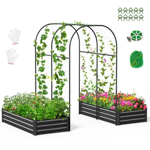 Lilypelle 3-in-1 DIY Metal Raised Garden Bed with Arch Trellis, Wind-Resistant Heavy Duty Planter Box with Netting, Open Bottom Garden Bed for Climbing Plants Vegetables Flowers