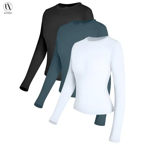 AUTOMET Women's 3-Piece Long Sleeve Basic Crop T-Shirts - Slim Fit, Soft Polyester Fabric, Round Neck, Simple Style, Fall Fashion, Going Out Tops, Y2K Underscrubs Layer, Haze Blue/White/Black Womenswear Blouses & Shirts women, Streetwear, Cargo,summerwins