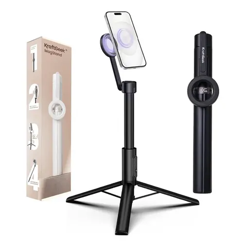 KraftGeek Magstand Magnetic Selfie Stick & Tripod Black - 64.2in Adjustable Aluminum MagSafe-Compatible Magnetic Phone Mount, 360° Rotation, Remote Control for iPhone 12-17, Pixel 10, Smartphone, Cellphone Vlogging Equipment, Travel Gadgets Accessory