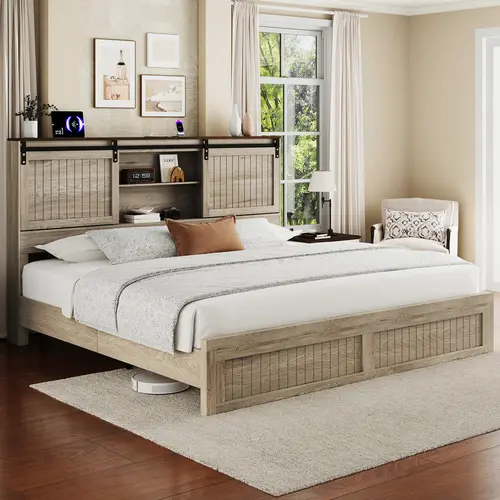 Belffin FSC-Certified Wooden Bed Frame - King Size Heavy-Duty, Headboard Included, 2-Tier Barn-Door Storage Drawers, LED Light, Built-In Charge Ports, 800lbs Capacity, Silent, No Box Spring Needed, Assembly Required, Indoor Bedroom Furniture