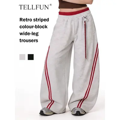 TELLFUN Y2K Baggy Wide-Leg Sweatpants with Side Stripes – Comfortable Casual Streetwear Joggers for Everyday Loungewear, Oversized Unisex Design bottom Pants,Summervibes,father'sdaygifts