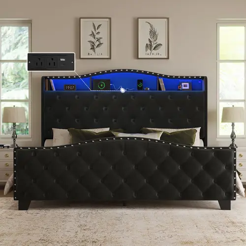 Belffin Queen/King Velvet Wingback Platform Bed Frame with 50.9” Tall Storage Headboard, LED Lights, Charging Station, Button Tufted Footboard, Noise-Free, No Box Spring Needed - Black/White, Sleek Sleep, Dorm Essential [TikTokShopBackToSchool][SohoChic]