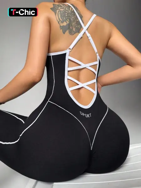 Women's Seamless High Stretch Knit Halter Sporty Jumpsuit Tight Fit Nine-Quarter Pants, Back Cross Shoulder Straps, Outdoor Cycling Gym Yoga Daily Wear Sports Jumpsuits Workout Jumpsuits Sportswear Jumpsuit