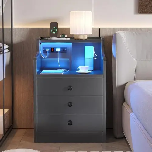 Sikaic Nightstand with Charging Station and LED Lights, Night Stand with Hutch, Bedside Table with Drawers, Modern End Side Table for Bedroom Summerwins