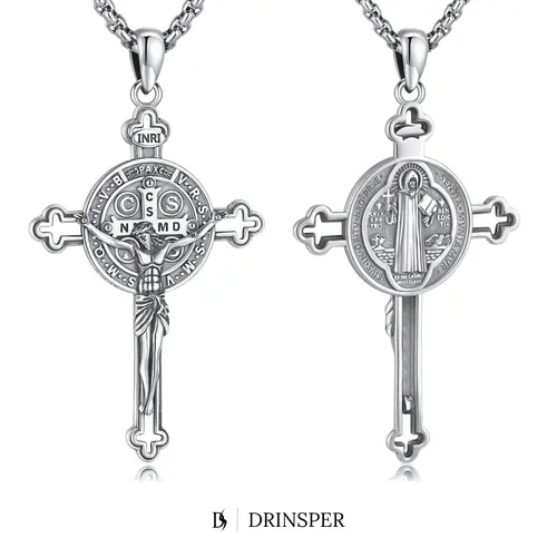 DRINSPER 925 Sterling Silver Unisex Saint Benedict Double-Sided Cross Medal Necklace - San Benito Pardon Crucifix, Adjustable Box Chain, Faith Jewelry for Daily Protection & Birthdays (TikTokShopBlackFriday)