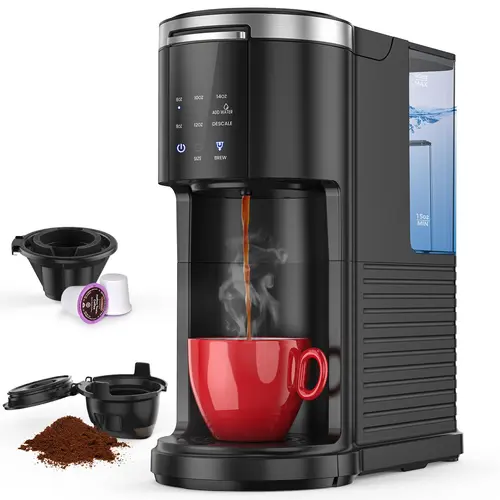 COWSAR Compact Yet Powerful Coffee Espresso Maker - 2-in-1 Single Serve Brewer for Pods/Ground Coffee, 90s Cup Ready, High-Pressure Hot Water, 40oz Tank, 5 Sizes Up To 14oz, Descale Alert Light, Black, Simple to Use Home Machine