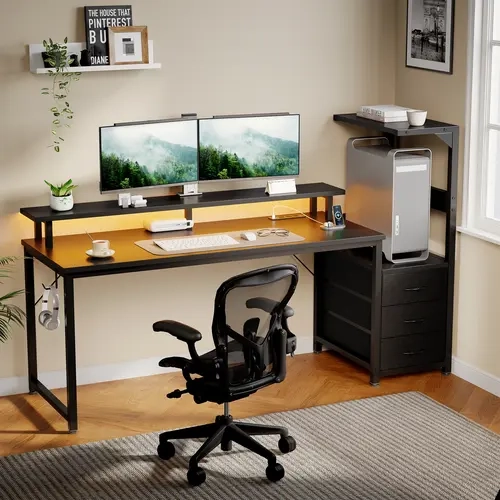 Sweetcrispy RGB Gaming Desk - Heavy Duty Sturdy Office Furniture, Dual Monitor Setup, 3 Power Outlets & 2 USB Ports, Panoramic PC Case Stand, LED Lighting, 3 Fabric Cable Management Drawers, Side Collectibles Shelf, WFH/Streamer Bedroom Desk, Steel Frame