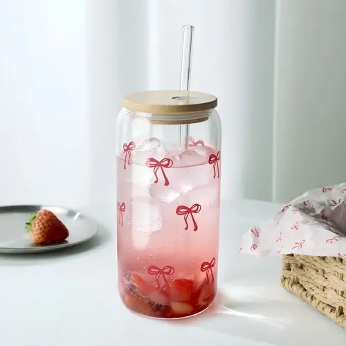 Coquette Cute Pink Bow Glass Cups with Lids and Straws, Aesthetic Iced Coffee Cup, Girly Design Mug French Drinking Glasses Bow Cute Glass Cups, for Tea,Juice,Latte,Milk,Dessert,Stackable Glassware (pink bow) Mugs Glass Colorful
