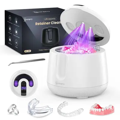 UMPOPO Ultrasonic Retainer Cleaner Machine 48kHz, Dental Cleaning Pod, Ultrasonic Retainer cleaner for Dentures, Aligners, Mouth Guards, Night Guards, Toothbrush Heads and Jewelry with 200ML Capacity summerwins