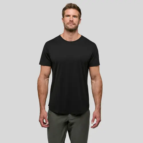 Cuts Men's Tapered Fitted Short-Sleeve Crew Neck AO Curve-Hem T-Shirt - Casual Plain Natural Anti-Odor Polyester-Cotton-Spandex Fabric, Wrinkle-Resistant Stretch Top for Jeans, Office, Men's T Shirts