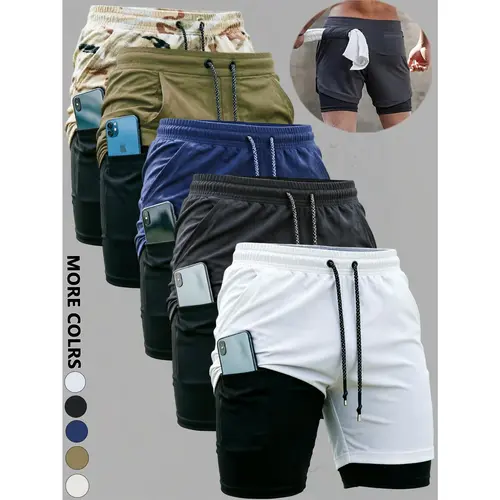 Men's High-Stretch 5-Pack Synthetic Elastane-Polyester Blend 2-in-1 Workout Exercise Performance Training Shorts - Double Layer, Inner Pocket, Extra Support, Black, Blue, Do Not Dry Clean