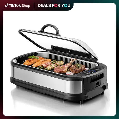 Kismile Smokeless Indoor Electric Grill - 1500W Portable Barbecue Grill, 19.6x11.3in, 6-Level Temp Dial (200-450°F), 120V Dual-Turbo Smoke Extractor, Tempered Glass Cover, Non-Stick Korean BBQ, Drip Tray, Dishwasher-Safe Parts, Home Kitchen Essential