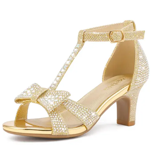 Girls' Fashionable Rhinestone High-Heel Sandals - Open Toe, T-Strap Adjustable Ankle Strap, Anti-Slip Rubber Sole, Padded Synthetic Upper, 2.2 in Heel, Exquisite Craftsmanship, Comfortable, for Prom, Graduation Party, Big Kids