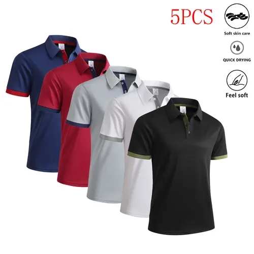 Men’s 5-Pack Colorblock Polo Shirts - Polyester Short Sleeve Male Tops, Stylish Sporty Chic, Breathable Dry Fit, Quick Drying, Contrast Color, Lightweight, Athletic Fashion Activewear, Daily Wear Sportswear, Summer Athletic Casual Menswear