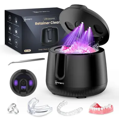 UMPOPO Ultrasonic Retainer Cleaner Machine 48kHz, Dental Cleaning Pod, Ultrasonic Retainer cleaner for Dentures, Aligners, Mouth Guards, Night Guards, Toothbrush Heads and Jewelry with 200ML Capacity summerwins