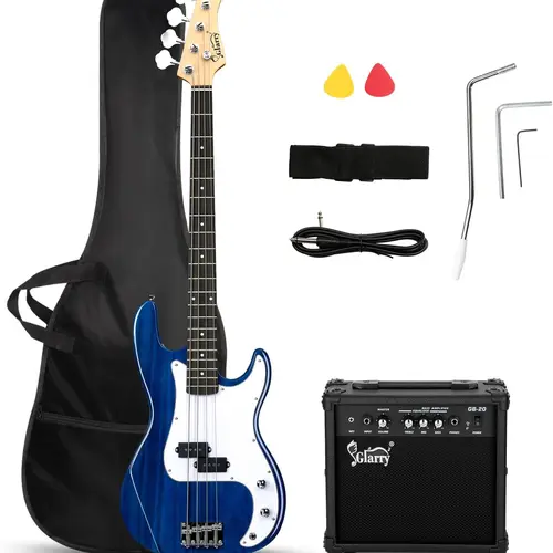 GLARRY Beginner Full-Size 4-String Basswood Single-Coil Electric Bass Guitar Kit - 20W Amp, 1/4" Jack, Cable, Strap, Bag, Headphone Output, Tuning Pegs, Auxiliary Input, MP3 Support, 118x32x4.2cm, 3.0kg, 6.72lb - Musical Instruments & Gear