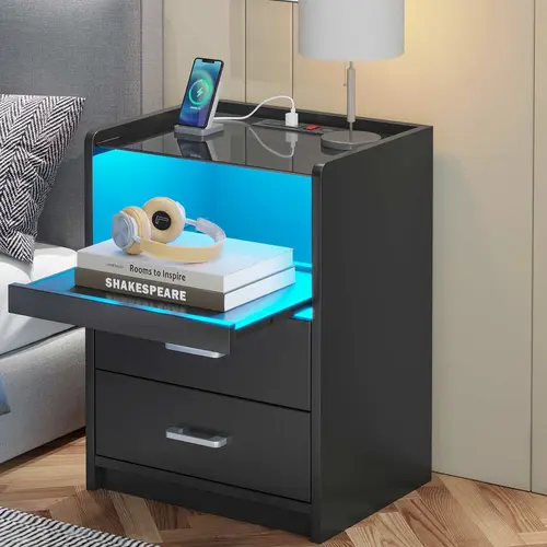 Sikaic LED Nightstand with Charging Station, Night Stand with Pull-Out Tray, 2 Drawers, Bedside Table with LED Lights, Modern End Table with USB Ports and Outlets, Home Furniture Christmas Gifts cozy home familyfun [TikTokShopblackfriday]