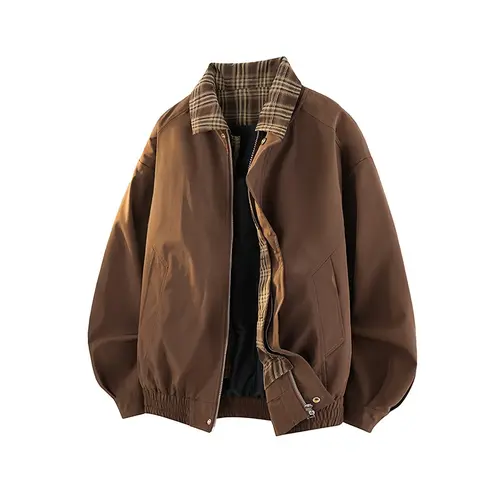 Men's Spring And Autumn Vintage Plaid Fake Two-Piece Brown Jacket, Workwear Lapel Coat, Spliced Flight Baseball Uniform, Suitable For Men's Daily And Outdoor Wear, Men's Lapel Collar Sleeveless Sports Long Sleeve Jacket Casual Wear Coat Classic