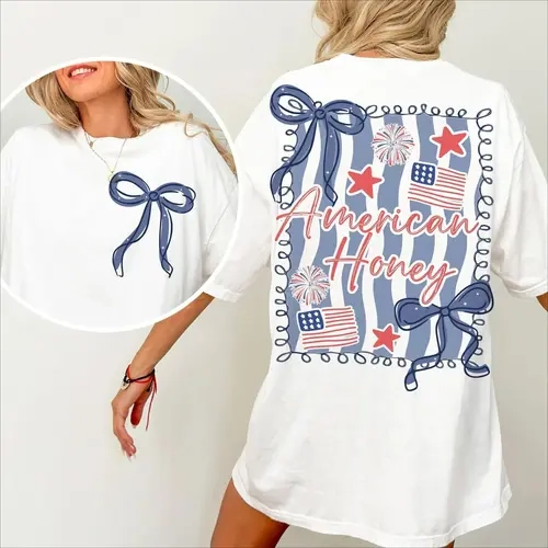 Women's American Honey Coquette Casual Preppy Streetwear T-Shirt - 4th of July, Memorial Day Vintage USA Land of the Free Merica Outfits, Unisex Top, Tshirt, Americana Women's T-Shirts