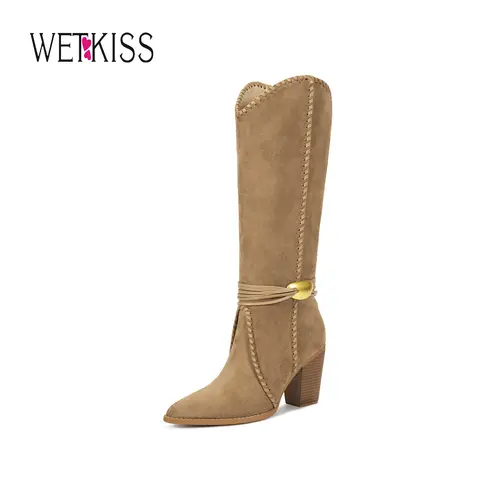 Wetkiss Cowboy Boots for Women Suede Knee High Cowgirl Boots, Braided Detailing, Metal Buckle, Pointed Toe, Chunky Heel, Fashion Retro Western Tall Boot, #WeeklyDeals#TikTokShopFallDealsForYou