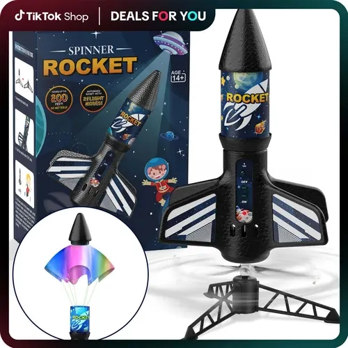 Aiencsai Acrylic Jet-Style RC Flight Model Rocket Toy - Motorized Self-Launching Spin-Launch Boost, Parachute Safe Landing, Batteries-Included Outdoor Flying Gift for Ages 8-12 Kids