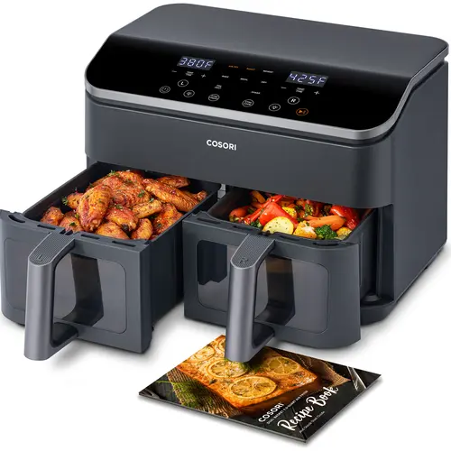 COSORI R901 9Qt Dual Air Fryer - 10-in-1 Smart Kitchen Appliance for Family & Children, Dual Zone Control, Double Baskets, Sync Cook & Finish, 85% Low-Oil Crispy Results, 95°F-450°F, 130 Recipes, Dishwasher Safe, 17.3in×15.4in×11.9in, 19.2 lb