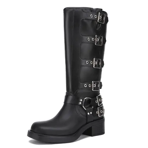 Women's Vintage Wide Calf Riding Boots - PU Leather, TPR Soles, Adjustable Metal Buckle, Square Toe, Chunky Heels, Biker Style, Comfortable Walking Shoes, Super Versatile, Match Various Items, All-Year-Round Women's Shoes
