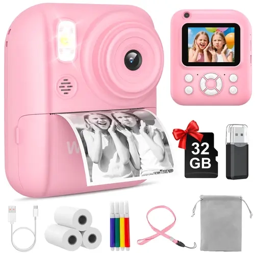 W&O Kids Instant Print Camera - Portable HD Digital Shockproof Device with Rechargeable Function, Screen, Timer, Creative Photography, Thermal Paper, 32GB SD Card, Educational Children's Toy