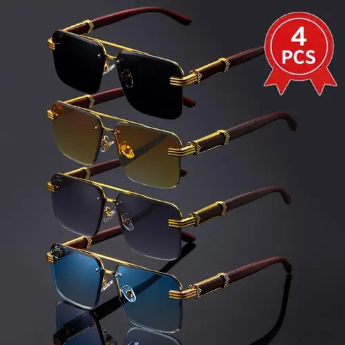 Unisex 4-Piece Vintage Stylish Retro Square Sunglasses, Oversized Double Bridge Lightweight Eyewear, Classic Versatile Frames for Party & Casual Wear, Men's Women's Fashion Accessories, Vintage Sunglasses, Stylish Sunglasses,summeroutfits,vacationoutfits,