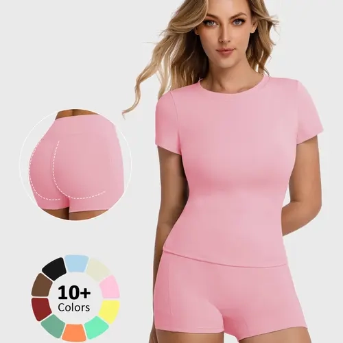 Women's Two-Piece Set, High-Waisted Tight-Fit Shorts & Pure Color T-Shirt, Breathable Quick-Dry Sports Wear Fitness Outfits Athletic Fitness Clothes Workout Set for Yoga Gym Clothes Set Summer Yoga Activewear Activewear Clothing Workout Sportswear