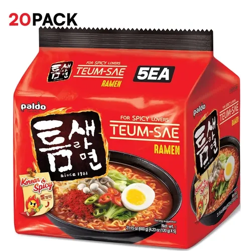 Paldo Hot & Spicy Teumsae Ramen - Korean Packaged Instant Noodles, 4.23 Oz (Pack of 20) - Pantry Food for Spicy Food Enthusiasts