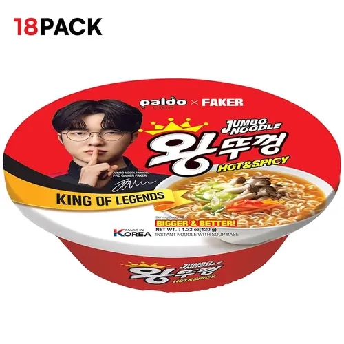 [Paldo Official] Korean Spicy Ramen Noodles, Chewy Instant Jumbo Bowl Option with Hot Spicy Ramen Broth, Low Sodium Seasoning, Garnish, Quick Preparation, Microwave Ready, Ambient, Wheat-Containing, 4.23oz (120g), Pack of 18, Ideal for Spice Lovers