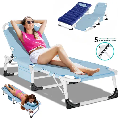 DoCred Sun Tanning Chair with Mat, 3N1 Deluxe Heavy Duty 5-Position Adjustable Beach Chair, Oversized Folding Chaise Poolside Lounge Chair for Indoor, Outdoor Sunbathing, Lawn, Patio, Camping, Beach,summerwins