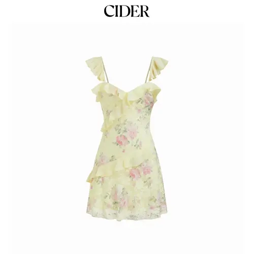 Cider Lace Floral Sweetheart Neck Ruffle Trim Cami Mini Dress