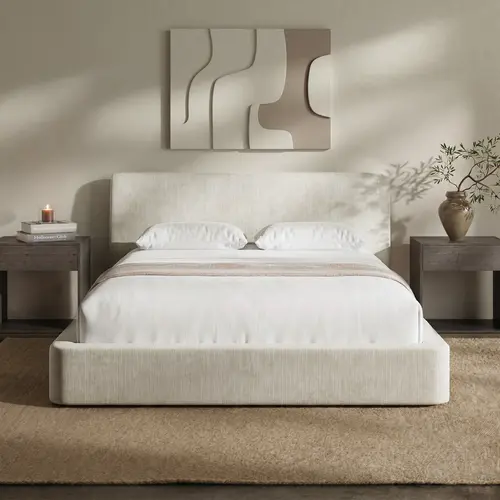 RECCI AirFrame Queen Bed Frame - Ergonomic Curved Headboard, Upholstered with OEKO-TEX Polyester Foam+Metal, Contemporary Low Profile Noise-Free, No Box Spring Required, Pre-Assembled/Self-Assembling Option, Apartment Furniture