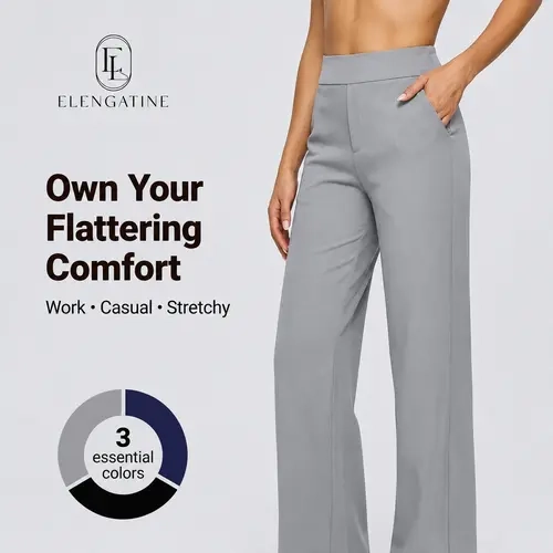 Elengatine Women's High-Waisted Wide Leg Pants - Lightweight, Stretchy Pull-On Fabric Trousers with Pockets, Chic Fit for Office, Daily Wear
