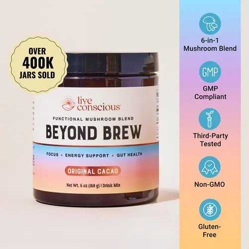 Live Conscious Beyond Brew - 6-in-1 Functional Mushroom Blend, Powder Drink Mix - Low Caffeine Alternative - Pre & Probiotic Gut Support