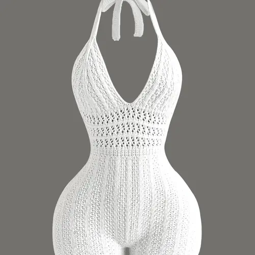 Women's Knitted One-Piece Jumpsuit, Hollow Out Pure Color Backless Tie Shorts, Casual Fashion Spring Summer Wear, Knitted Bodysuits