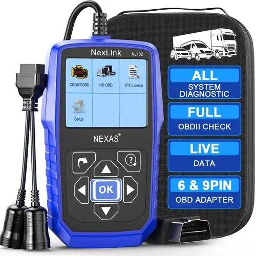 NEXAS NL102 Handheld Heavy Duty OBD Scanner - 2-in-1 9-Pin OBD2 Code Reader with Force DPF Regen, Oil Reset, Sensor Calibration, Multi-Language Support (Spanish, Russian, Italian, Portuguese), ABS Plastic Car Battery Tester for Trucks, Cars