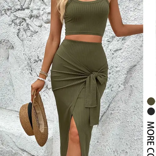 Women's Solid Ribbed Wrap Skirt Set, Casual Crop Cami Top & Knot Front Split Skirt, Ladies Clothes for Summer, Stretchy Outfit Sets