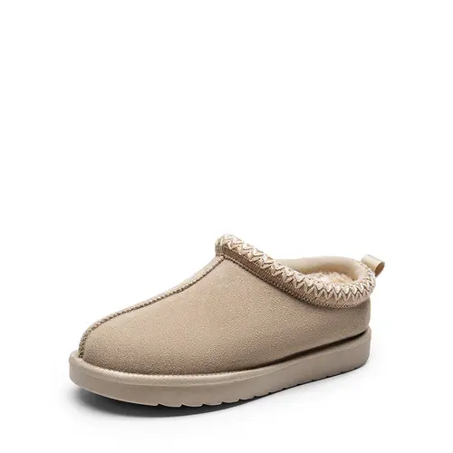 DREAM PAIRS Genuine Suede Fuzzy Slippers Mini Boots, Warm Memory Foam Slip-On House Shoes for Women with Embroidered Trim