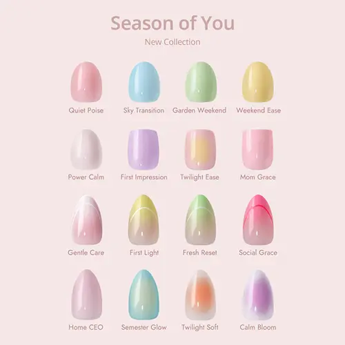 BTArtbox Press On Nail Kit Set - Season of You Pastel Short Gel Nail Tips, Square/Almond Opaque Soft Gel with Glue, 16 Sizes, 32 Stick On for Women, Gentle Flexing, No-Acetone Stink, No-Fuss Removal